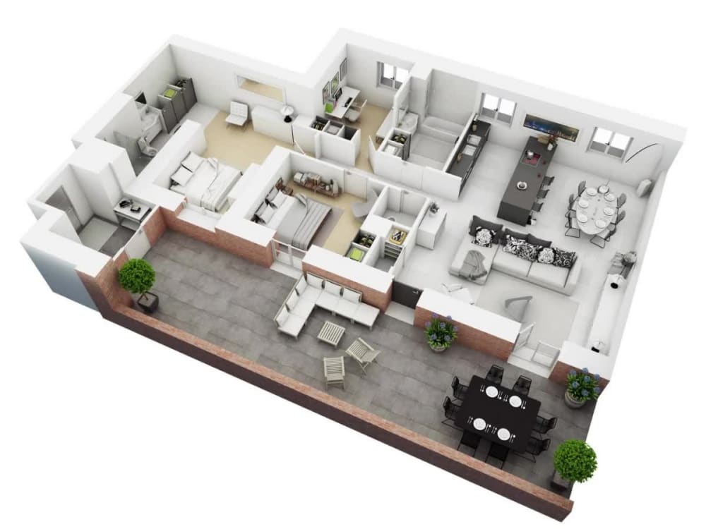 Three-dimensional apartment floor-plan visualization showing rooms, furnishings and terrace