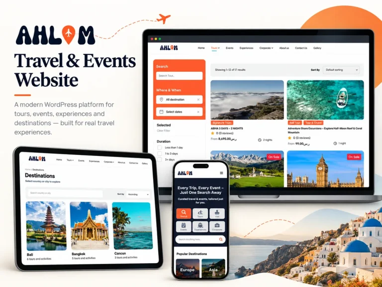 Ahlam travel website shown across devices with tour listings and destination discovery