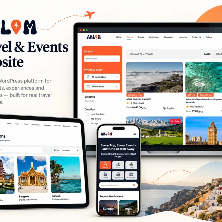 Ahlam travel website shown across devices with tour listings and destination discovery