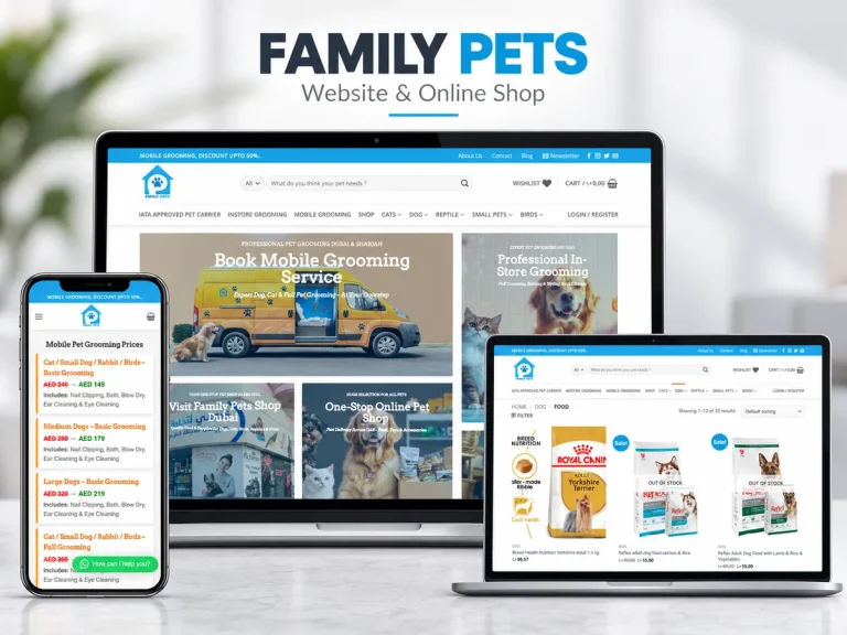 Family Pets Food pet shop website shown on desktop and mobile screens with products and grooming services