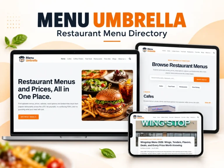 Menu Umbrella website shown across devices with restaurant menu search and dining articles