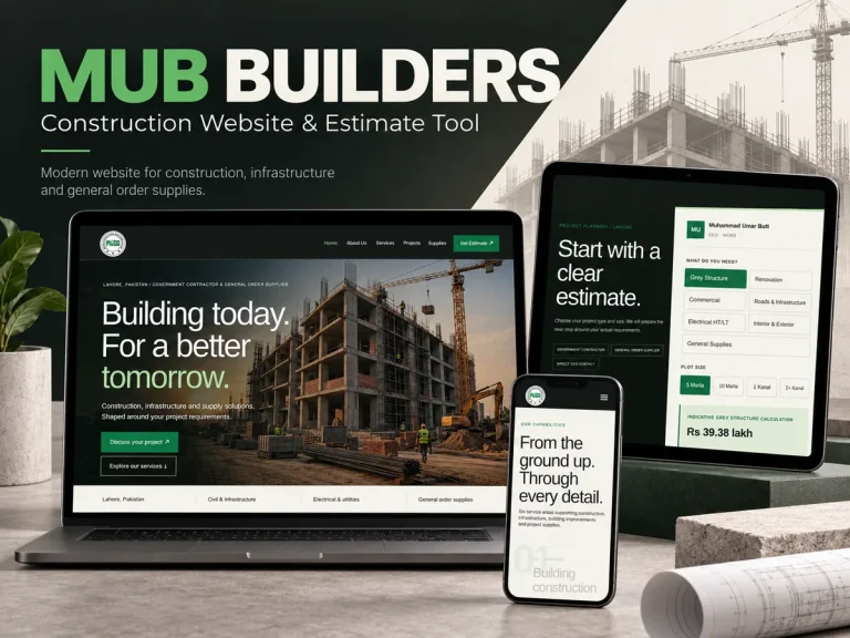 MUB Builders website shown across devices with construction services and indicative estimate tool