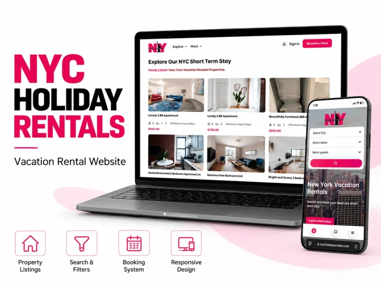 NYC Holiday Rentals website shown on desktop and mobile screens with property listings and search