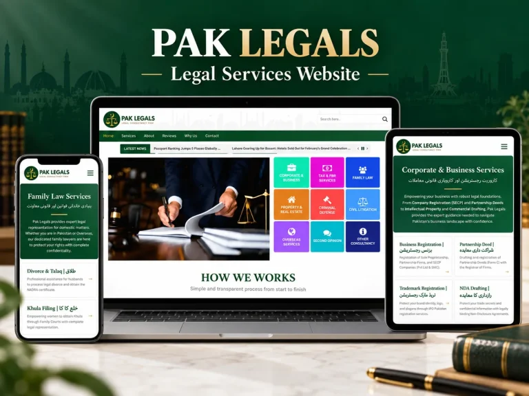 Pak Legals website shown across devices with legal service categories and practice area pages