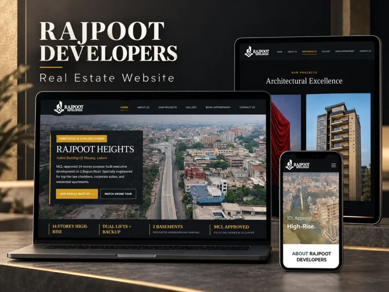 Rajpoot Developers website shown across devices with Rajpoot Heights and real estate project pages