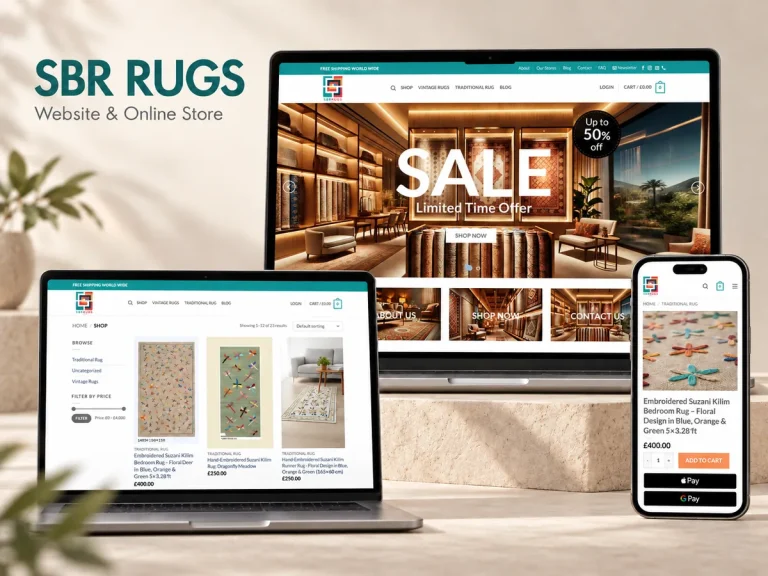 SBR Rugs online store shown on desktop and mobile screens with rug collections and product pages