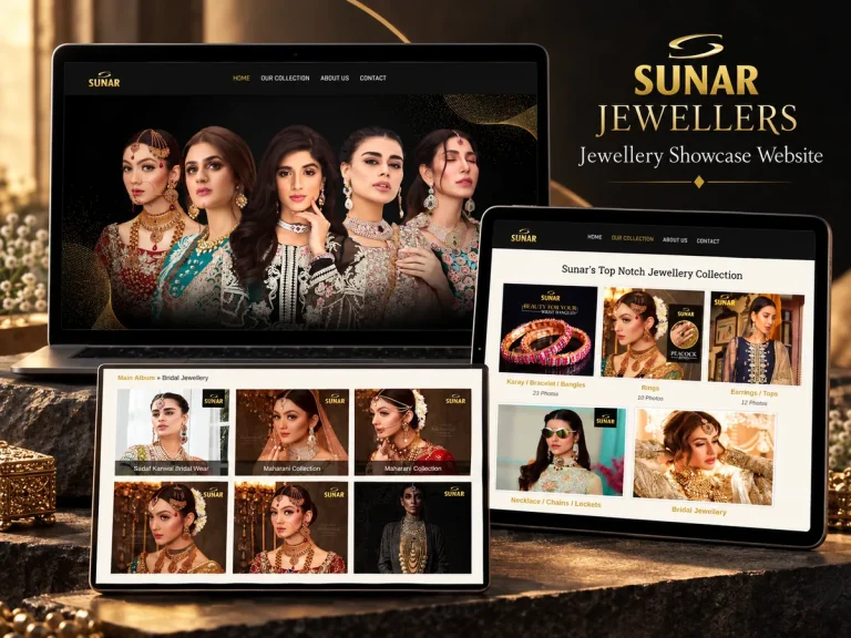 Sunar Jewellers website shown in desktop and tablet mockups with jewellery collections