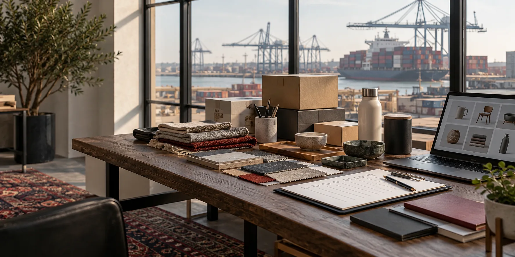 Product samples, packaging materials and a sourcing checklist in a modern workspace overlooking a shipping port