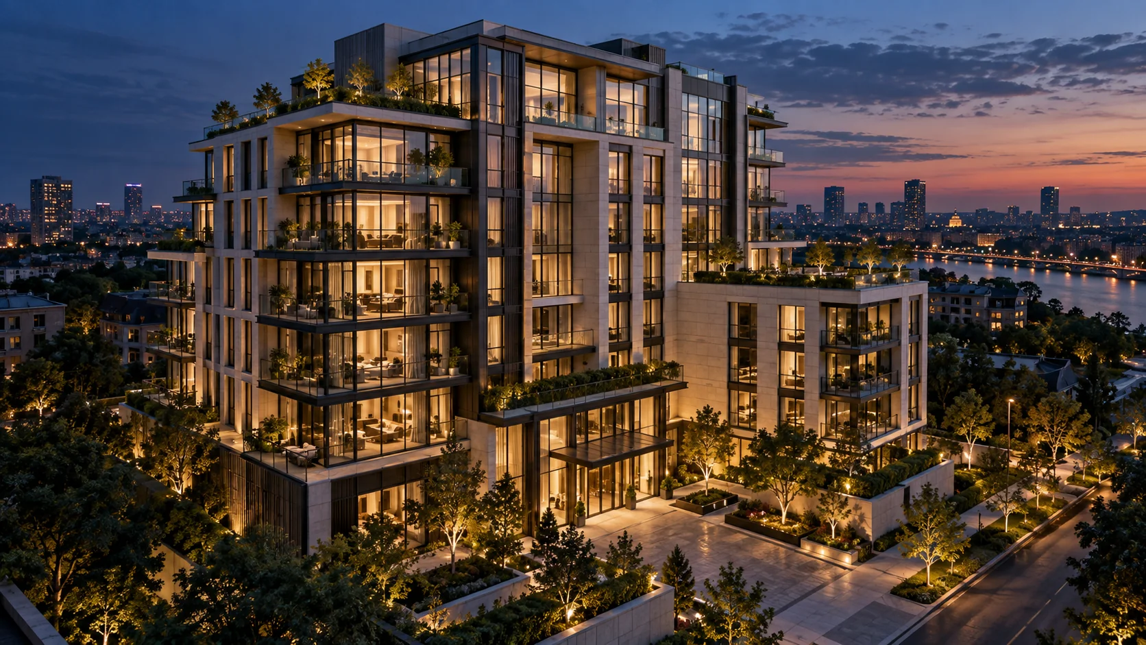 Illustrative architectural visualization of a modern residential development at blue hour