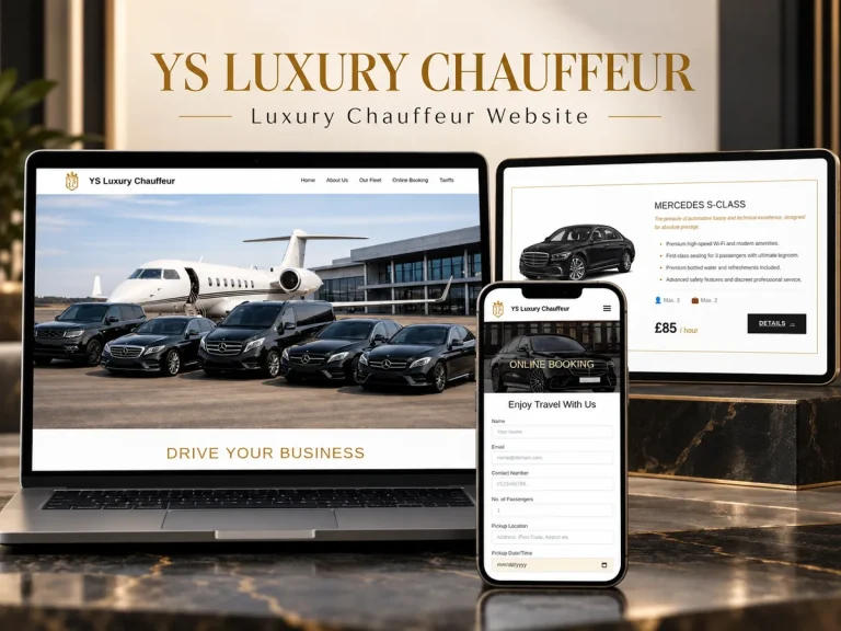 YS Luxury Chauffeur website shown across devices with luxury fleet and online booking form